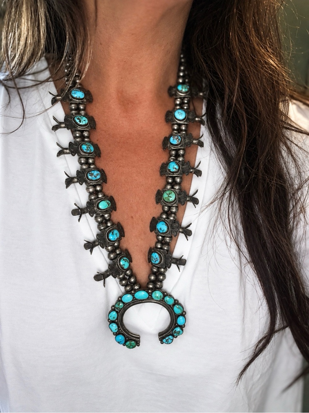 Estate/Vintage Ralph Lauren Turquoise and Sterling silverSquash Blossom Necklace